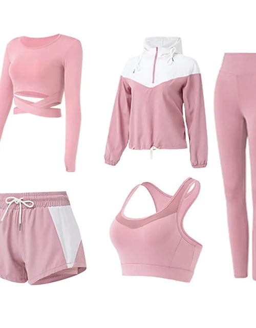 Load image into Gallery viewer, 5 PCS Workout Sets for Women Running Yoga Outfits Athletic Gym Exercise Clothes Activewear Sets Tracksuit(PinkM)
