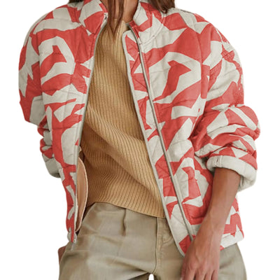 Hongsui Womens Printed Quilted Jacket Zip Up Puffer Jacket Lightweight Patchwork Bomber Jacket (Rust-L)
