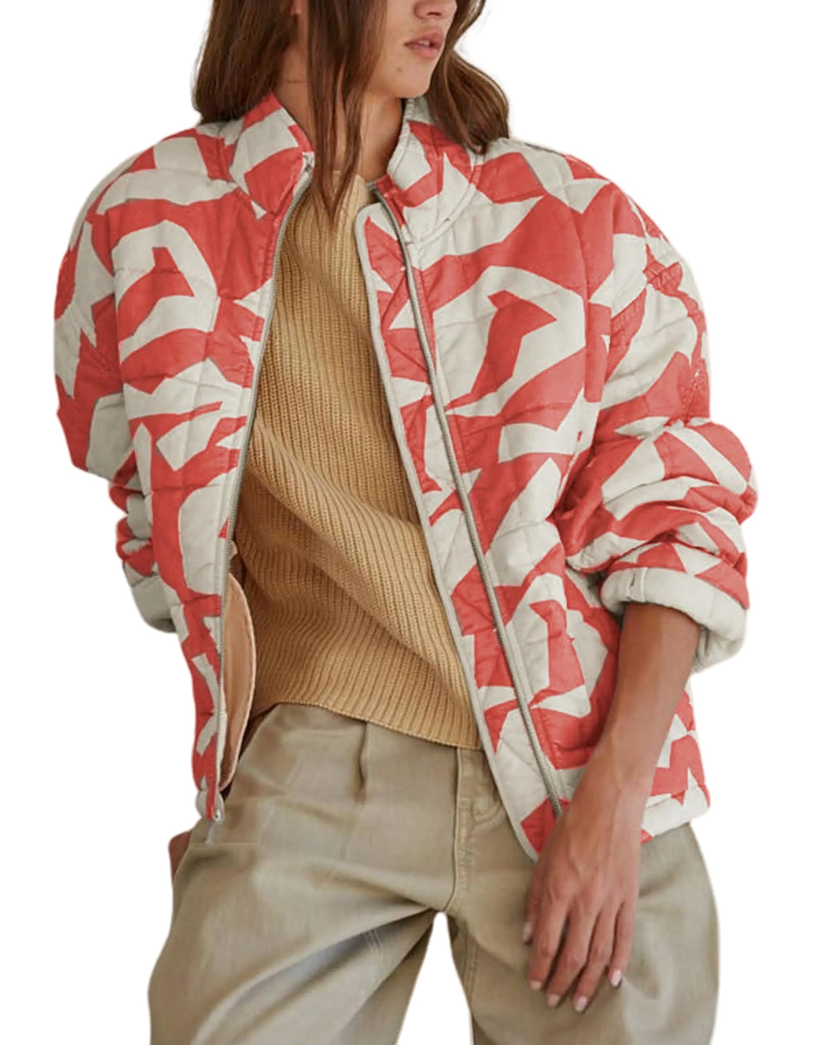 Hongsui Womens Printed Quilted Jacket Zip Up Puffer Jacket Lightweight Patchwork Bomber Jacket (Rust-L)