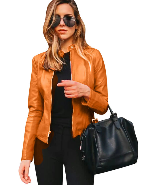 Load image into Gallery viewer, BOFETA Womens Fashion Solid Colour Jacket Zipper Front Faux Leather Jacket Soft Biker Jacket Orange M

