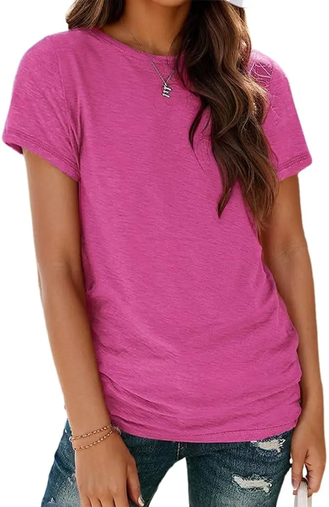 Ryaiwi Soft Short Sleeve Shirts for Women Crew Neck T Shirts for Women Loose Fitting Lightweight Top Basic Tee Shirt Rose Red