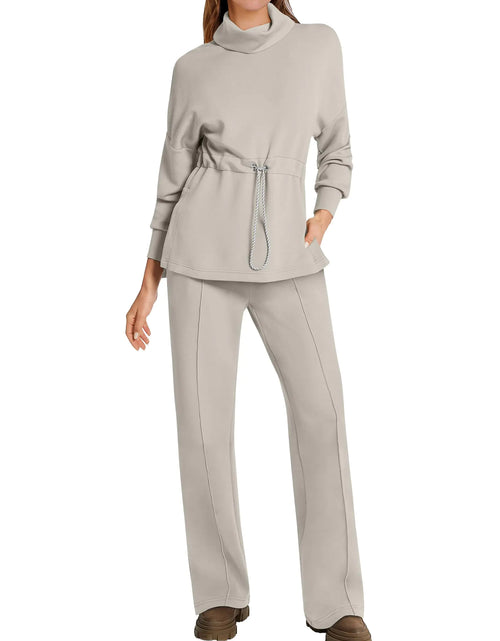 Load image into Gallery viewer, ANRABESS Womens 2 Piece Sweatsuits Turtleneck Sweatshirts Sweatpants Tracksuit Sets 2024 Fall Sweat Lounge Matching Outfits Light Khaki Small
