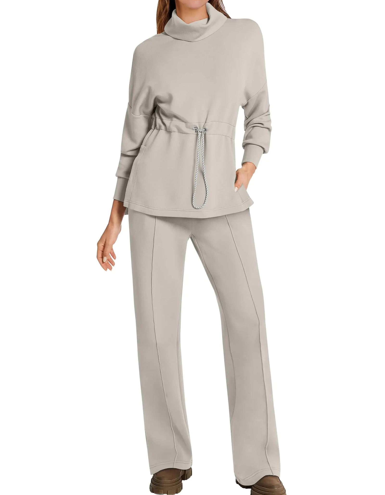 ANRABESS Womens 2 Piece Sweatsuits Turtleneck Sweatshirts Sweatpants Tracksuit Sets 2024 Fall Sweat Lounge Matching Outfits Light Khaki Small