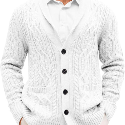 Runcati Mens Shawl Collar Cardigan Sweater Casual Cable Knit Button Down Winter Chunky Ribbed Sweaters White