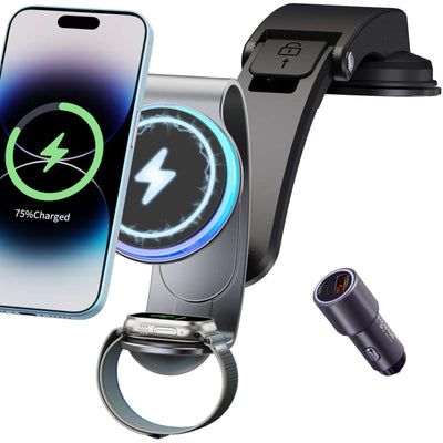 Cargador inalámbrico 2 en 1 para soporte de coche MagSafe - Cargador magnético de coche de aleación de aluminio de 18 W con adaptador de corriente para coche de 42.5 W - Soporte para teléfono de coche para Apple Watch/iPhone 15/14/13/12/funda MagSafe