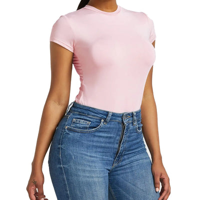 Womens Shapewear Bodysuits Short Sleeve Pink Body Suit Shirts Mock Neck Leotard Shapewear L