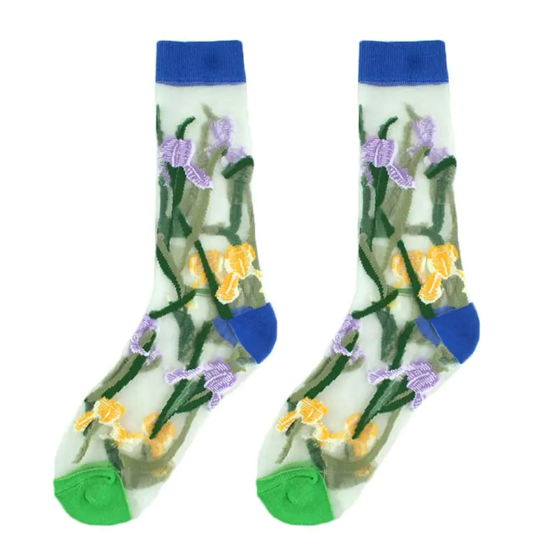 Fashionable Thin Mid Tube Flower Forest Glass Stockings