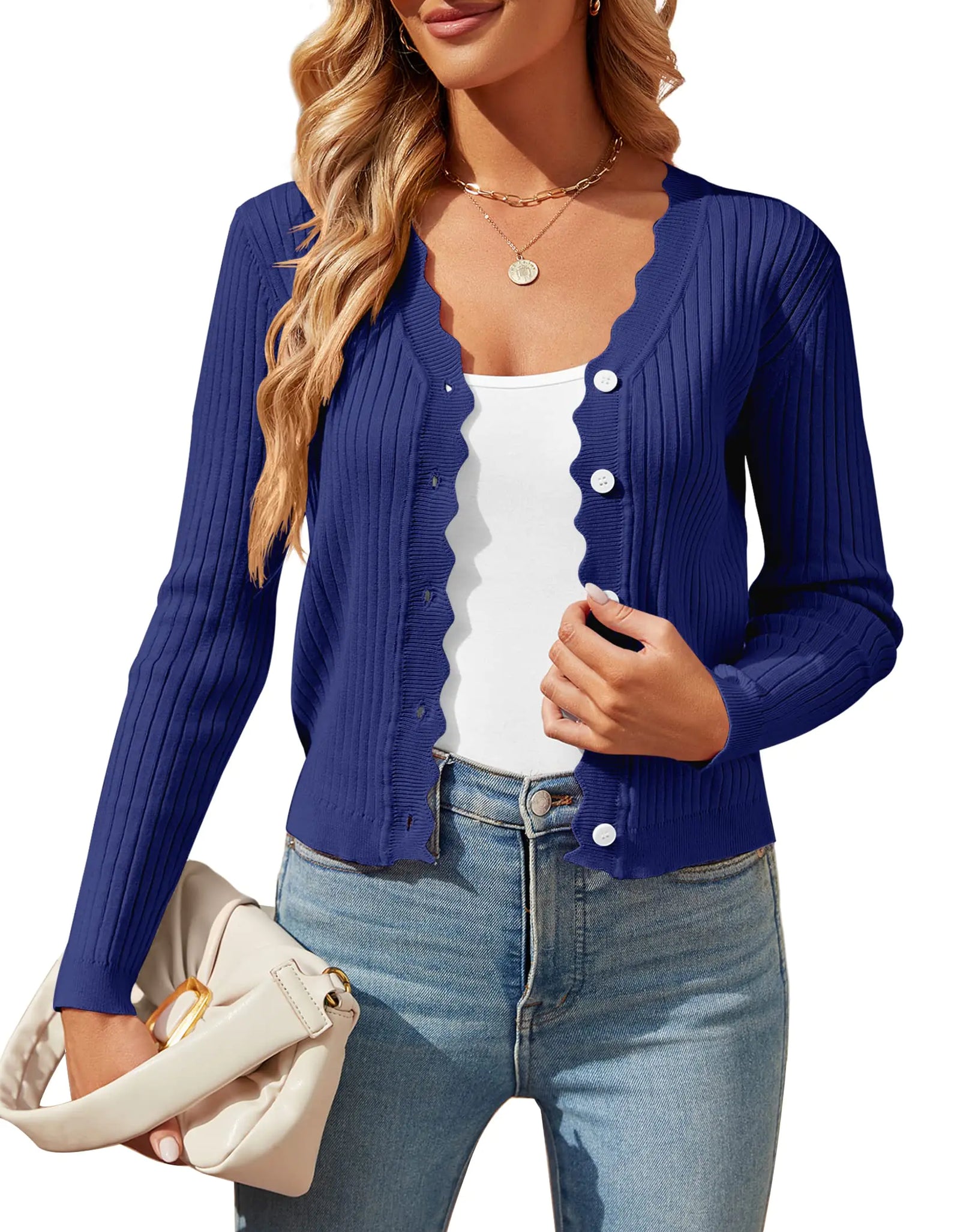 Shermia Womens Cropped Cardigan Knit Shrugs for Dresses Tops V Neck Button Down Cardigans Sweaters Navy