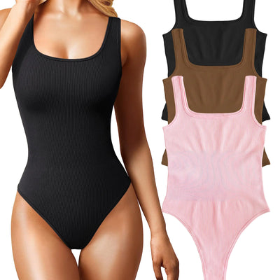 eoeoo Womens 3 Piece Bodysuits Sexy Sleeveless Square Neck Ribbed Bodysuit Tank Tops Black Coffee Pink Medium