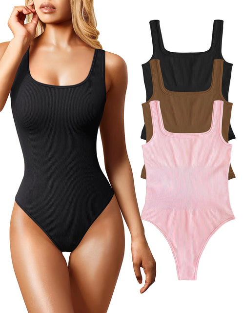 Load image into Gallery viewer, eoeoo Womens 3 Piece Bodysuits Sexy Sleeveless Square Neck Ribbed Bodysuit Tank Tops Black Coffee Pink Medium
