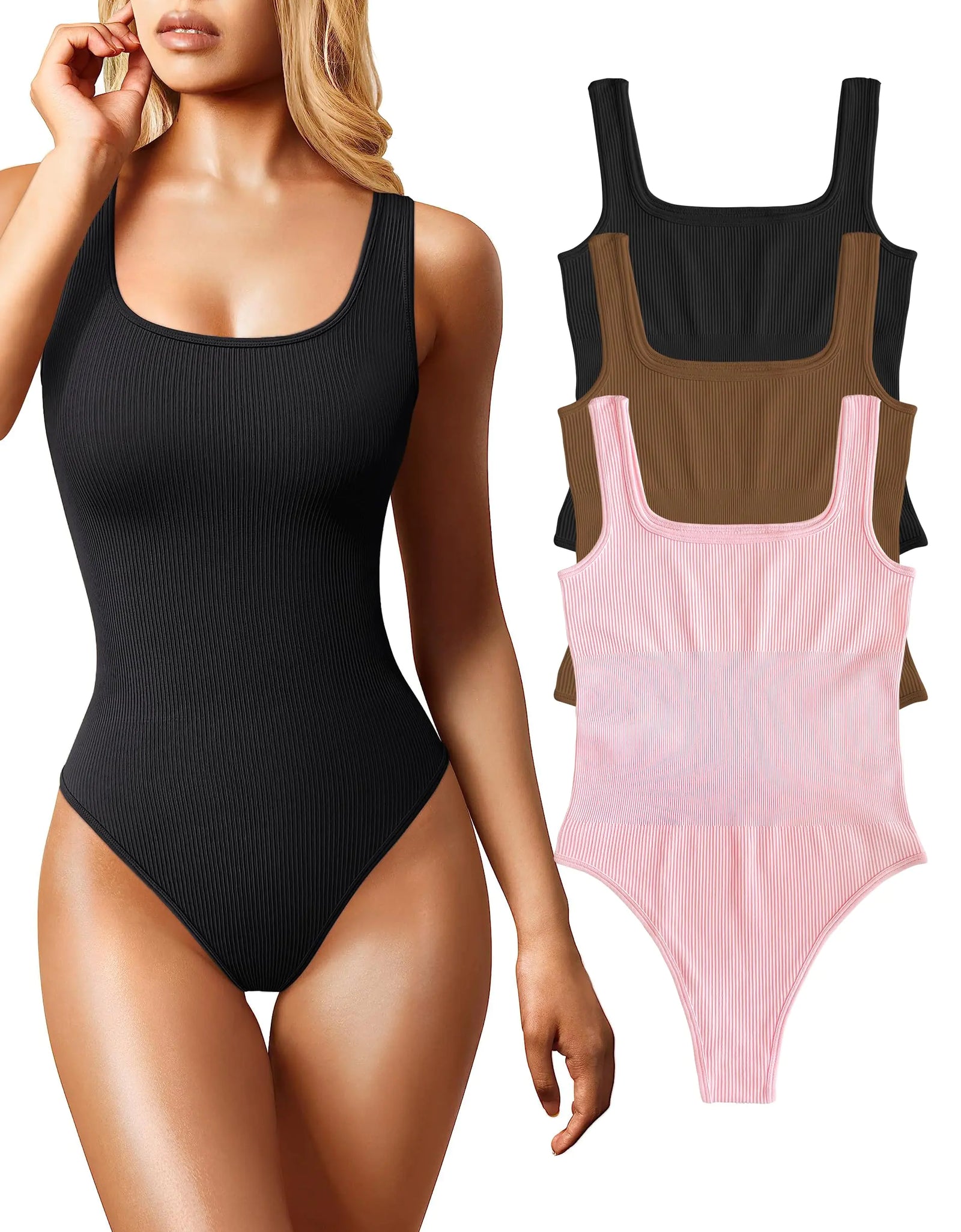 eoeoo Womens 3 Piece Bodysuits Sexy Sleeveless Square Neck Ribbed Bodysuit Tank Tops Black Coffee Pink Medium