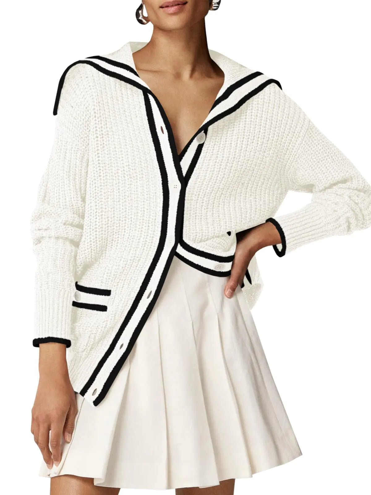 Saodimallsu Womens Collared Cardigan Sweaters Oversized Open Front Button Color Block Sweater Coat with Pockets White
