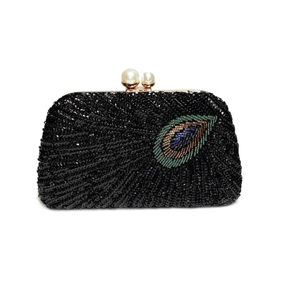 PENGZHI Women Vintage Beaded Sequin Clutch Purse Sparkly 1920s Peacock Evening Bag Luxury Wedding Bridal Purse Black