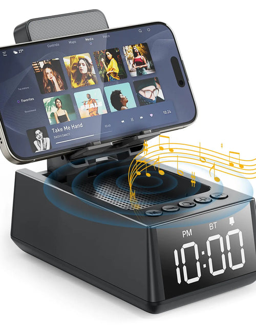 Cargar imagen en el visor de la galería, Regalos para hombres/mujeres: Soporte para teléfono móvil con altavoz Bluetooth inalámbrico, pantalla de hora de 12 horas. Regalos únicos para él (esposo, novio, papá) y para ella (esposa, mamá). Un genial dispositivo multifuncional (negro cuervo).
