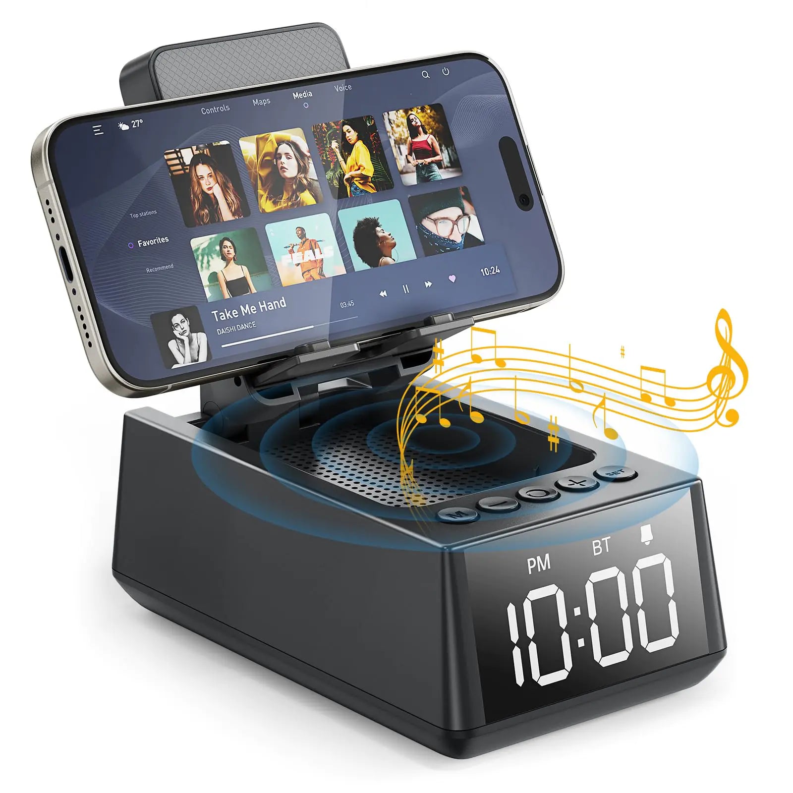 Regalos para hombres/mujeres: Soporte para teléfono móvil con altavoz Bluetooth inalámbrico, pantalla de hora de 12 horas. Regalos únicos para él (esposo, novio, papá) y para ella (esposa, mamá). Un genial dispositivo multifuncional (negro cuervo).