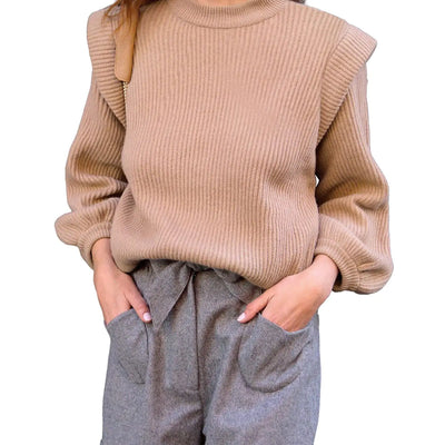 PRETTYGARDEN Suéteres para Mujer Casuales Manga Larga Linterna Cuello Redondo Punto Acanalado Jersey de Rayas Blusas (Camel Sólido Grande)