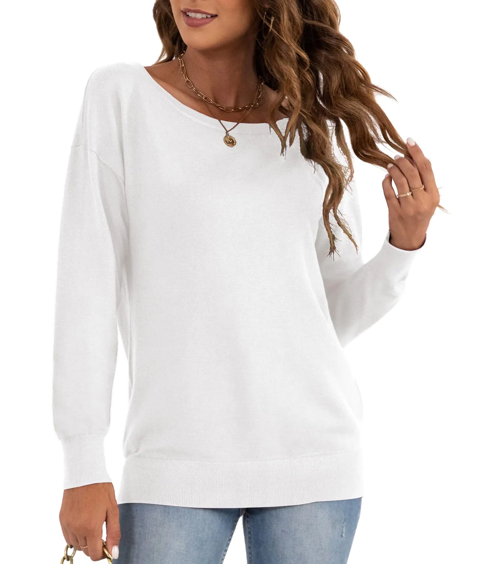 Suéteres tipo jersey cómodos e informales LILBETTER de manga larga sueltos para mujer (blanco mediano)