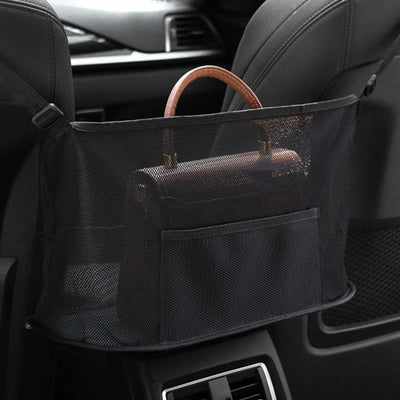 Soporte de Red para Coche HEVLE, Bolsillo de Red para Bolsos, Organizador de Almacenamiento para Coche entre Asientos Delanteros, Accesorios Universales para Interior de Coche, Barrera para Mascotas y Niños en el Asiento Trasero (Negro)