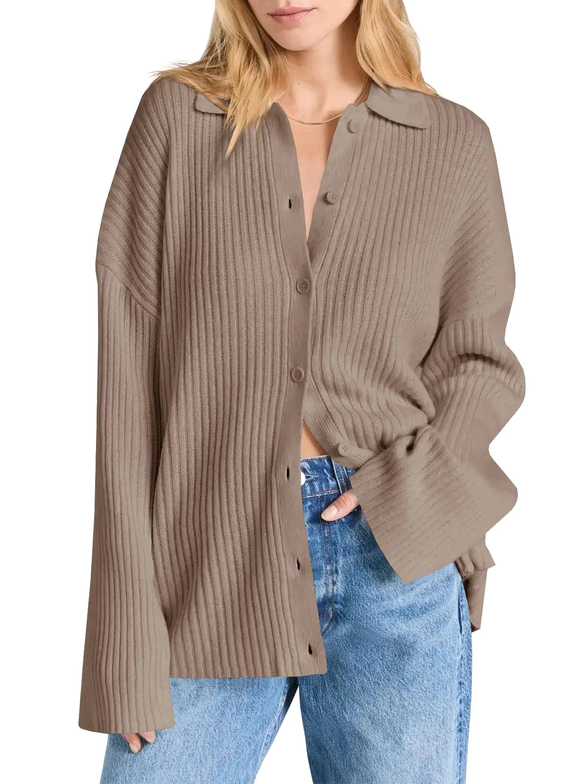 Cárdigan de mujer Danedvi con cuello, talla grande, tejido acanalado, frente abierto, botones, mangas acampanadas, color marrón claro