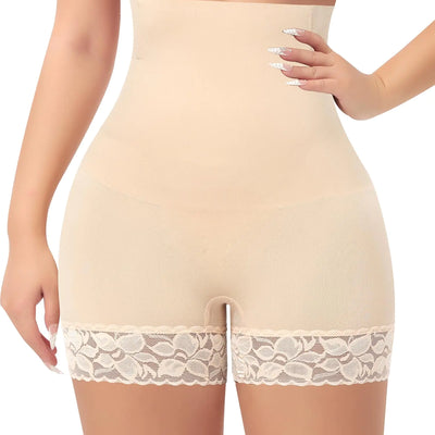 Pantalón corto moldeador de cintura alta adelgazante para mujer, sin costuras, control de abdomen, para llevar debajo del vestido (#C33 Cintura Alta Encaje-BeigeGrande)