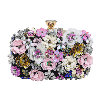 Womens Evening Clutches Bag Floral Evening Handbag Rhinestone Clutch Purse Bride Party Wedding Chain Strap Shoulder Bag(Floral Black)