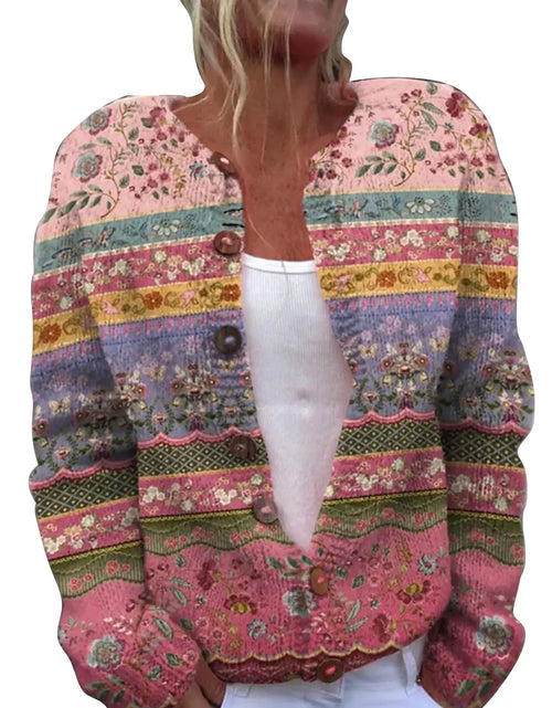 Load image into Gallery viewer, Today Deals Prime Cardigan Sweaters for Women 2024 Fall Floral Print Lightweight Sweaters Long Sleeve Open Front Button Down Outerwear (H-Hot PinkX-Small)
