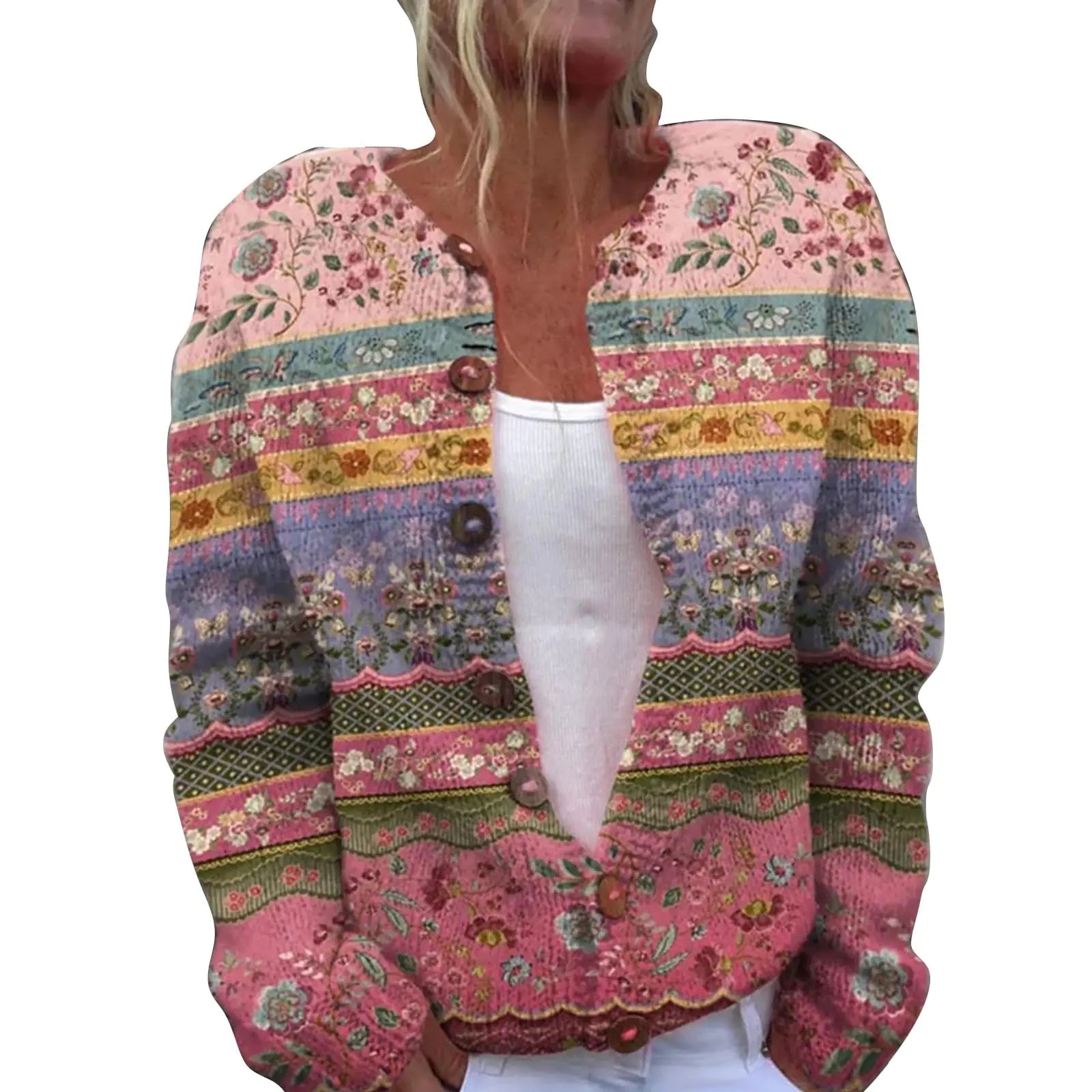 Today Deals Prime Cardigan Sweaters for Women 2024 Fall Floral Print Lightweight Sweaters Long Sleeve Open Front Button Down Outerwear (H-Hot PinkX-Small)