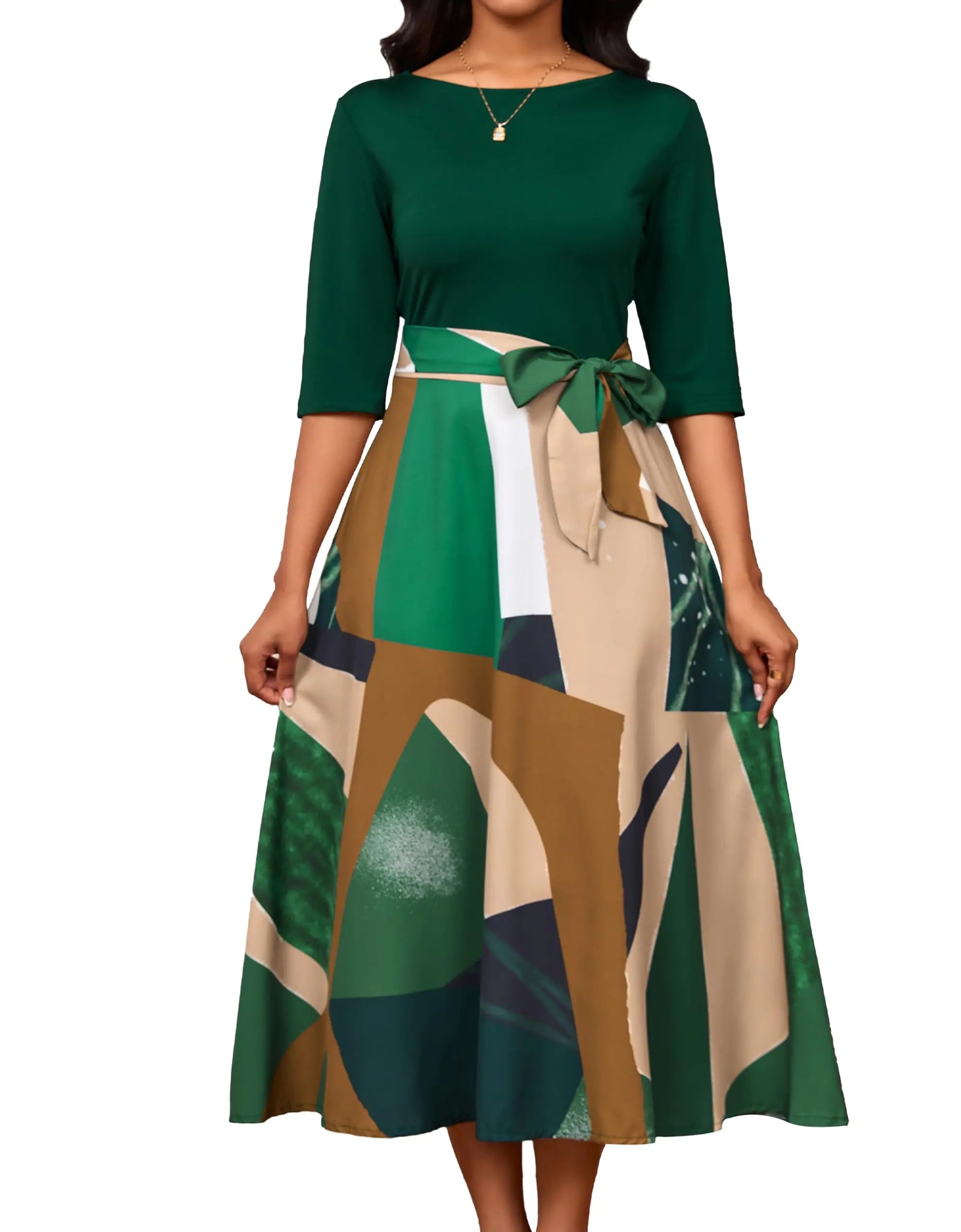 IbuduSexy Church Dresses for Women Maxi Dresses for Women 2024 Color Block Half-Sleeve Green