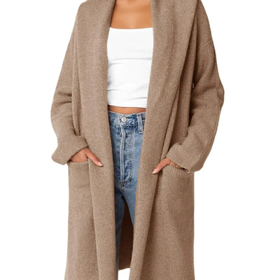 Saodimallsu Womens Oversized Long Cardigan Hooded Chunky Knit Open Front Sweaters with Pockets Apricot