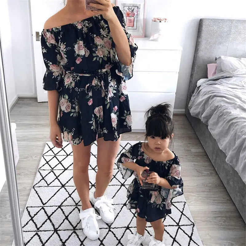 Digital Print Matching Family Dresses with Belt