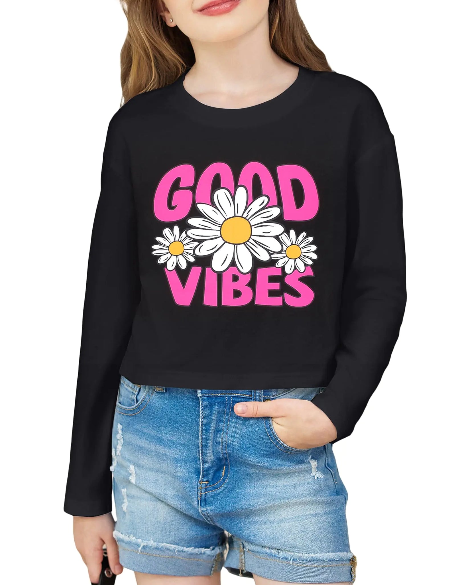 Arshiner Long Sleeve T Shirts for Girls Crewneck Crop Top T Shirt Graphic T Shirts for Girls Drop Shoulder Crewneck Casual Fashion T Shirts Tee Black Flower 7-8 Years