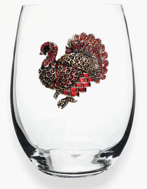 Load image into Gallery viewer, THE QUEENS JEWELS Turkey Jeweled Stemless Wine Glass 21 oz. - Unique Gift for Women Birthday Cute Fun Not Painted Decorated Bling Bedazzled Rhinestone
