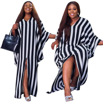 Elegant Plus Size Striped Party Dresses with Batwing Sleeves