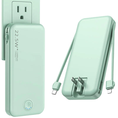 Cargador portátil Nusyddy con cable incorporado y enchufe de pared de CA, Power Bank USB C de 12000 mAh, carga súper rápida de 22,5 W, cargador de teléfono ligero y portátil, batería externa de viaje para iPhone, Samsung y tablets
