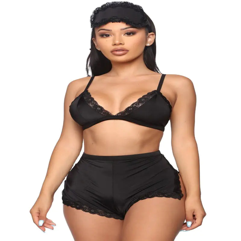 Ensemble de Lingerie et Vêtements de Nuit en Dentelle à Col V Plongeant pour Femme
