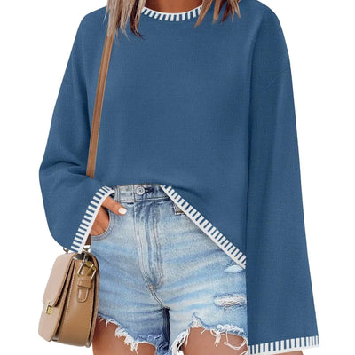 ZESICA Womens Oversized Long Sleeve Sweaters Fall Crewneck Color Block Loose Ribbed Knit Pullover TopsDustyblueLarge