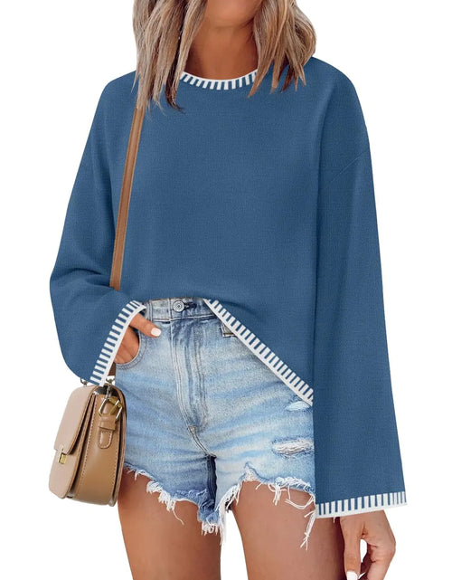 Load image into Gallery viewer, ZESICA Womens Oversized Long Sleeve Sweaters Fall Crewneck Color Block Loose Ribbed Knit Pullover TopsDustyblueLarge
