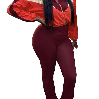 LAJIOJIO Long Sleeve Womens Sweatsuits 2 Piece Set Color Block Zip Up Crop Jacket Flared Leggings Pants Tracksuits