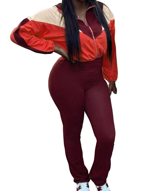 Load image into Gallery viewer, LAJIOJIO Long Sleeve Womens Sweatsuits 2 Piece Set Color Block Zip Up Crop Jacket Flared Leggings Pants Tracksuits
