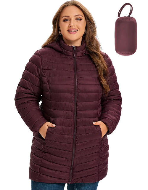 Load image into Gallery viewer, SLOW DOWN Womens Plus Size Lightweight Puffer Jacket Womens Packable Winter Jacket Womens Puffy Jacket with Detachable Hood (Wine3X)
