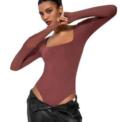 Avidlove Bodysuits Sexy Womens Fall Tops Long Sleeve Square Neck Bodysuit Double Lined Ruched One Piece Thong Bodysuit(FuchsiaXX-Large)