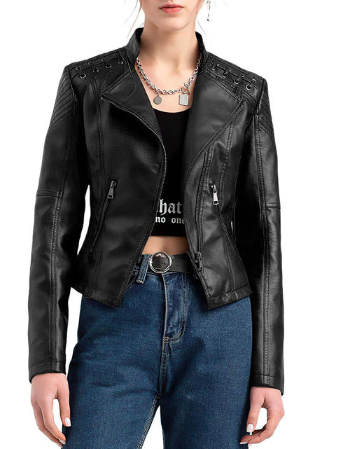 Load image into Gallery viewer, Faux Leather Jacket Women Motorcycle Biker Womens Bomber Jacket Casual Fall Outerwear Zipper Coat Black
