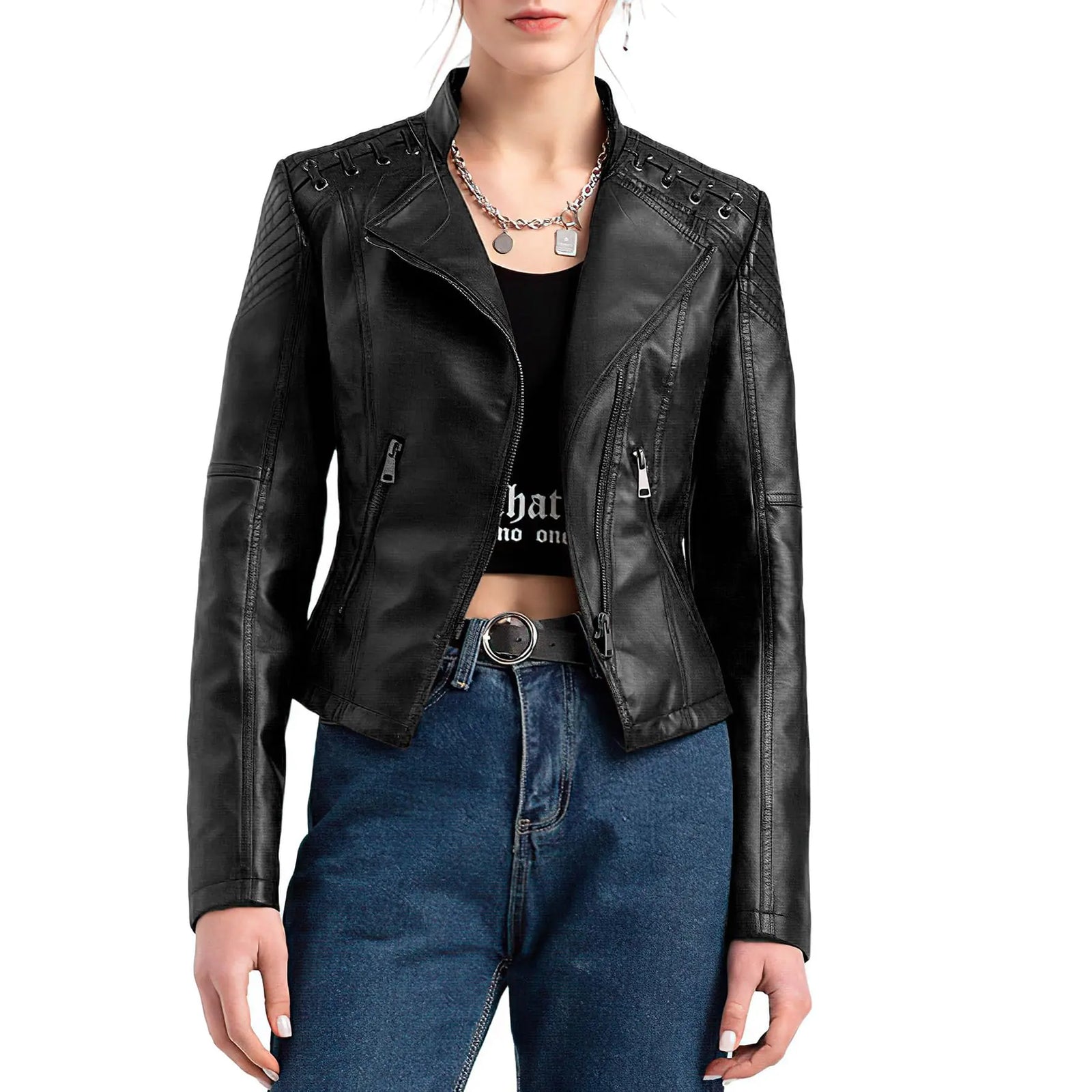 Faux Leather Jacket Women Motorcycle Biker Womens Bomber Jacket Casual Fall Outerwear Zipper Coat Black