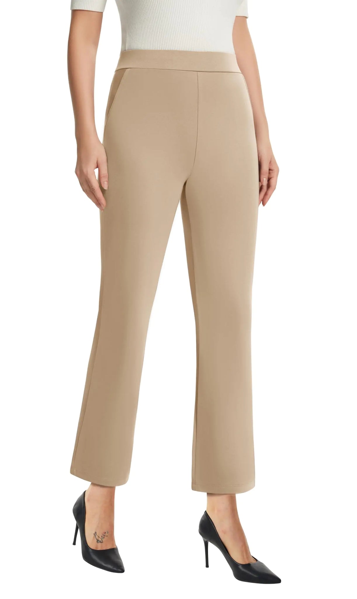 AFITNE Pantalones de vestir de yoga para mujer, de talle alto, elásticos, para trabajar, de pierna recta, sin cierre, estilo casual de negocios, capri, con bolsillos, cómodos, formales, hasta el tobillo, color caqui claro, 29 pulgadas XS