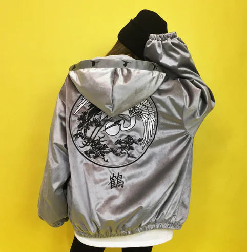 Charger l'image dans la visionneuse de galerie, Veste à capuche, Blouson de baseball, Motif grue
