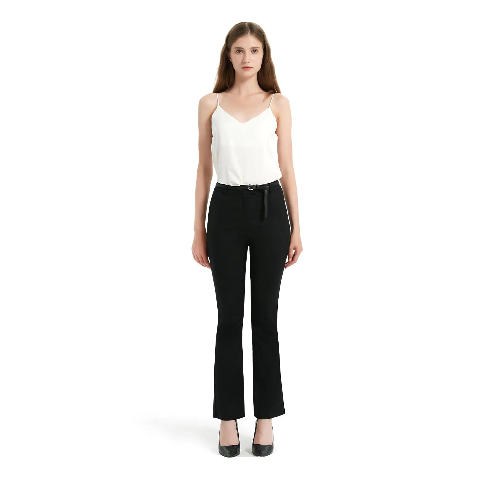 GLOWELFA Pantalon de costume semi-formel pour femme, pantalon de travail évasé, pantalon décontracté chic pour femme (08750MediumBlack)