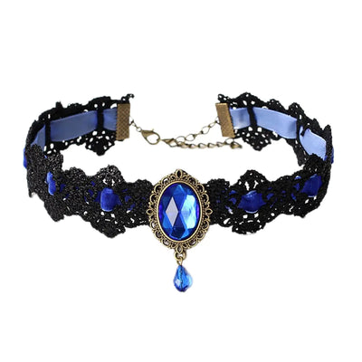 IS4U Collar gótico de encaje, estilo vintage con cristales y gemas, collar gótico, victoriano, murciélago, cristales, joyería para disfraz de Halloween o fiesta, para mujer (azul)