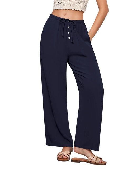 Cargar imagen en el visor de la galería, GRAPENT Navy Blue Linen Palazzo Pants for Women Navy Blue Pants for Women Navy Pull On Linen Pants Navy Blue Pants Women Cute Pants for Women Womans Pants Navy Blue Size Medium US Size 8 to Size 10
