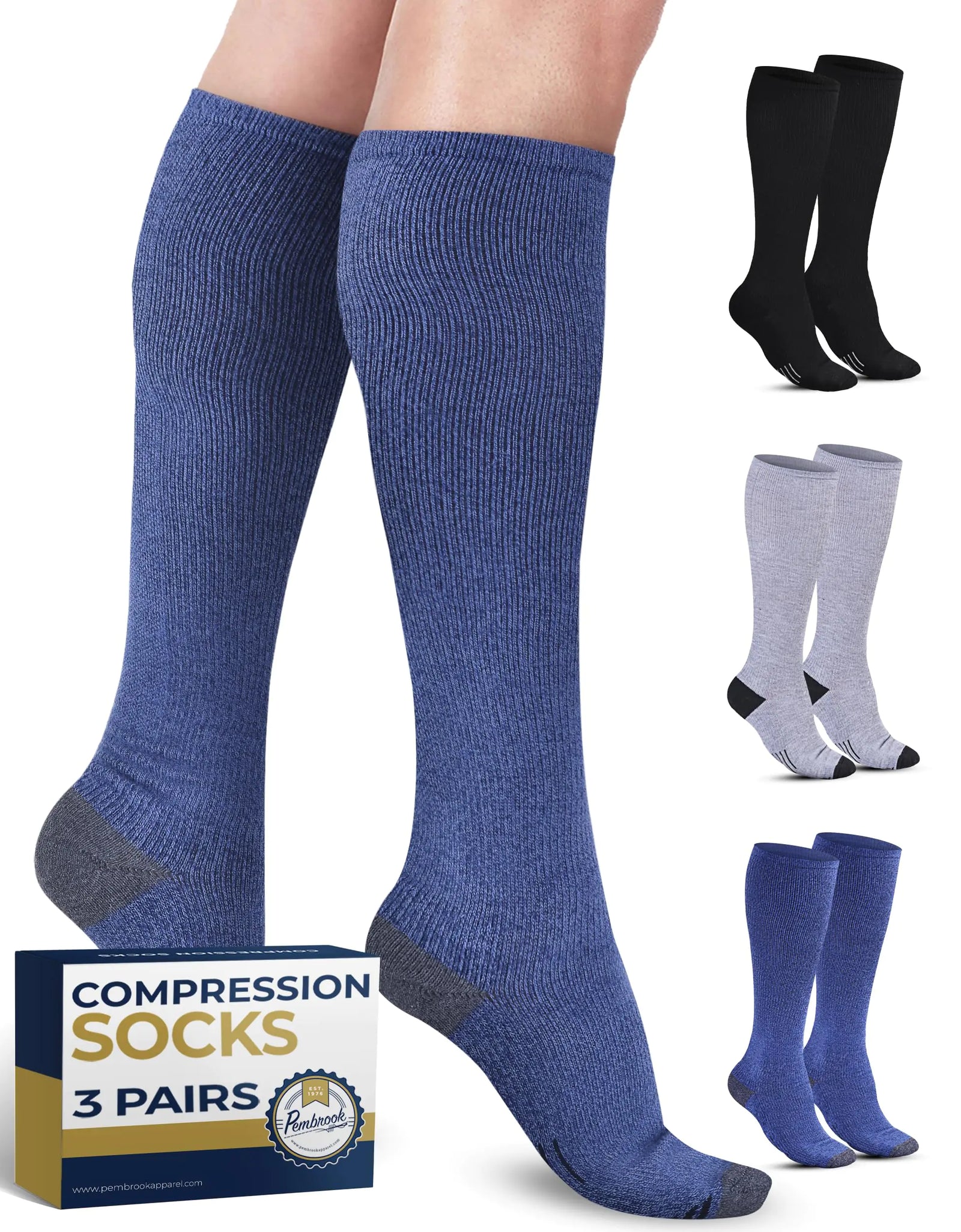 Pembrook Light Compression Socks for Women & Men - 3 Pairs | Mens Sports Compression Socks | Compression Socks Men | Support Socks for Men | Navy Compression Socks | Black Gray Navy