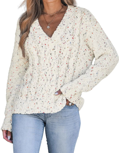 Load image into Gallery viewer, CUPSHE Womens V Neck Sweaters Cable Knit Long Sleeve Pullover Jumper Tops White S
